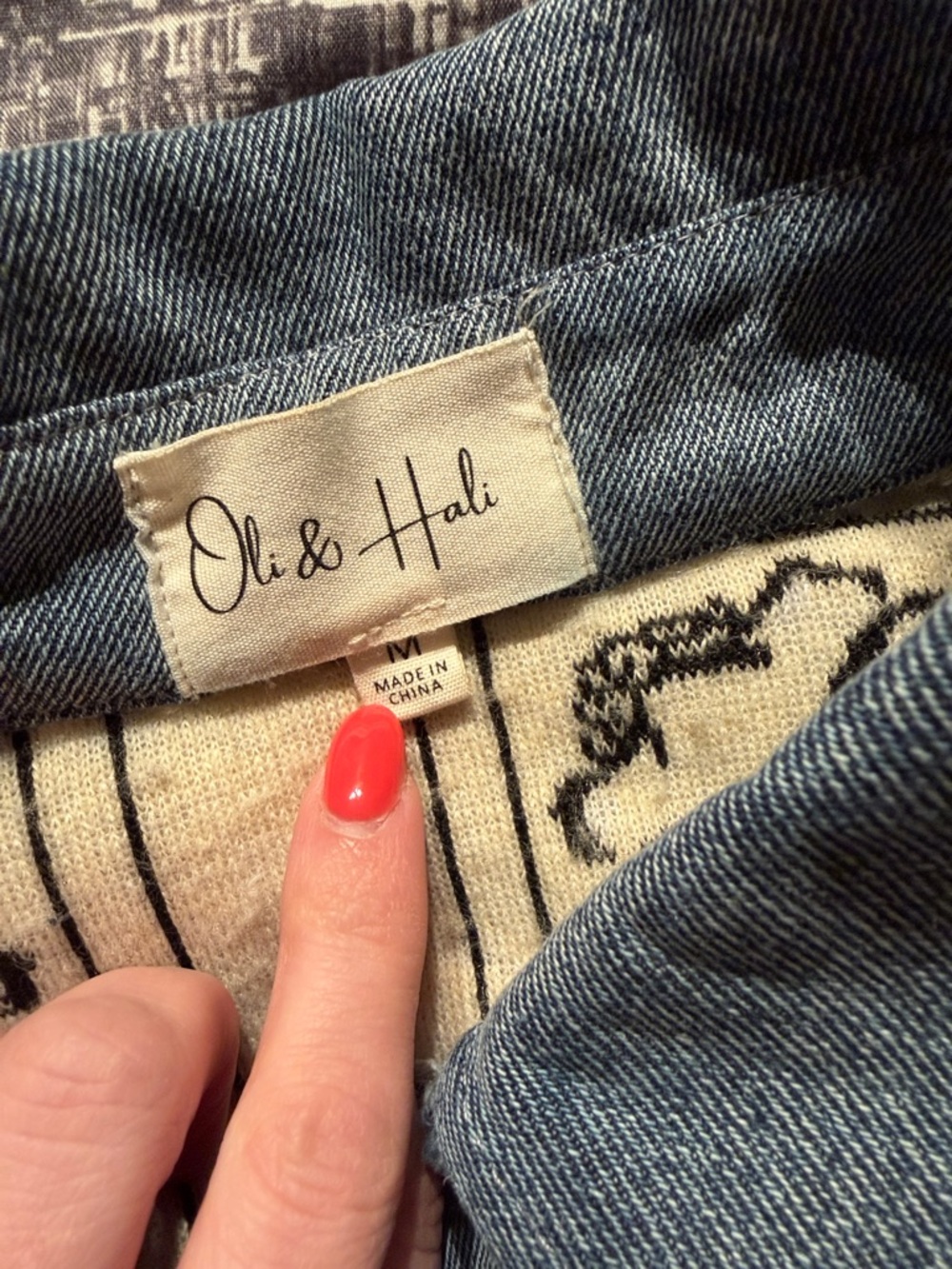 Oli & Hali Patchwork Sherpa Jean Trim Jacket in Cream, Rust, Olive & Denim - Picture 2 of 3